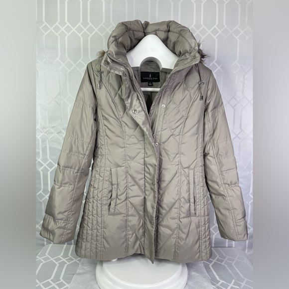 London Fog Diamond Quilt Puffer Jacket Size S Beige Taupe Detachable Hood - Picture 3 of 13
